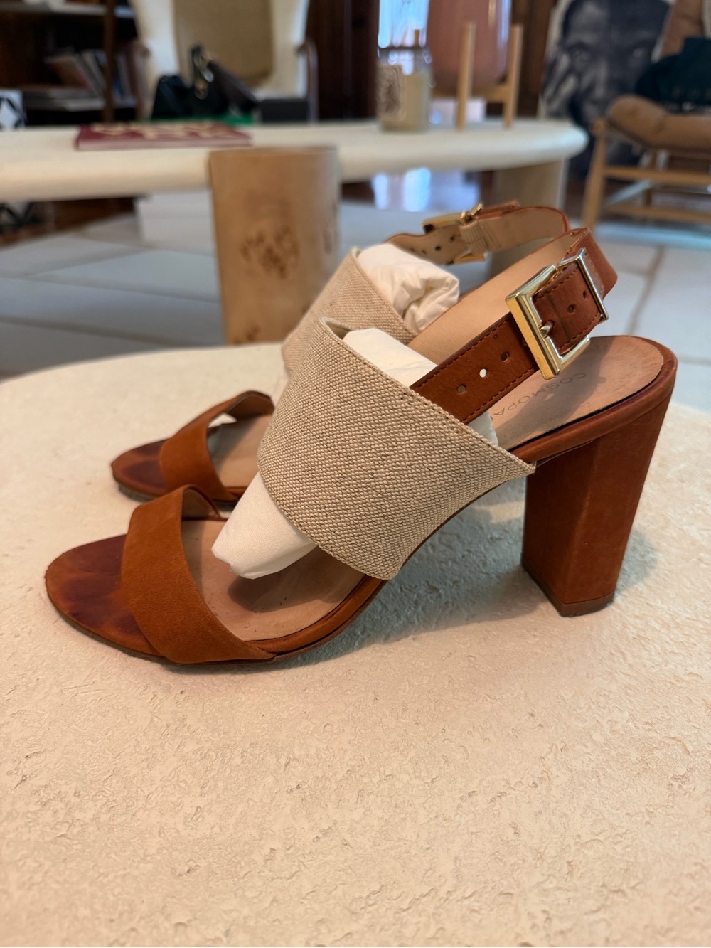 Women’s Tan Suede & Canvas Block Heel Sandals - EU size 39